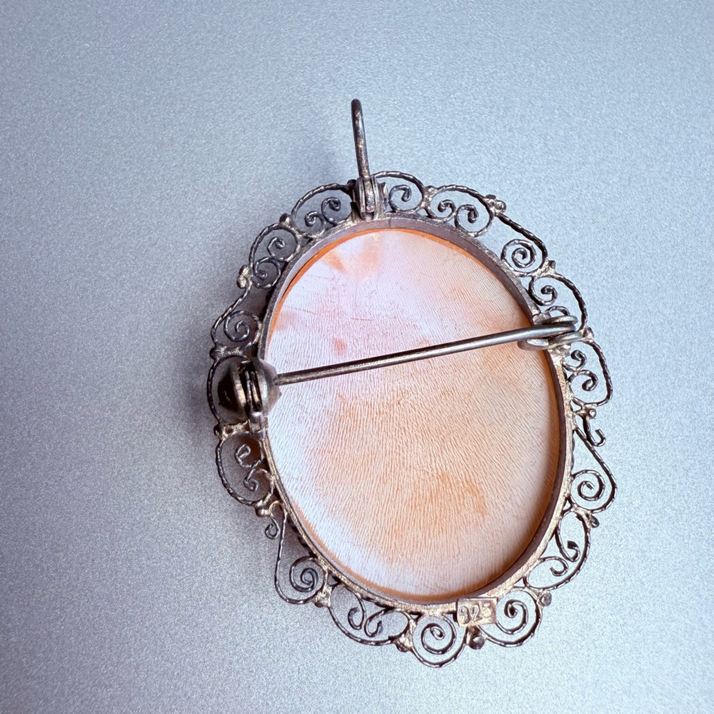 Antique Shell Cameo Sterling Silver 925 Lace Scroll Brooch Pendant Victorian Era - Picture 5 of 8